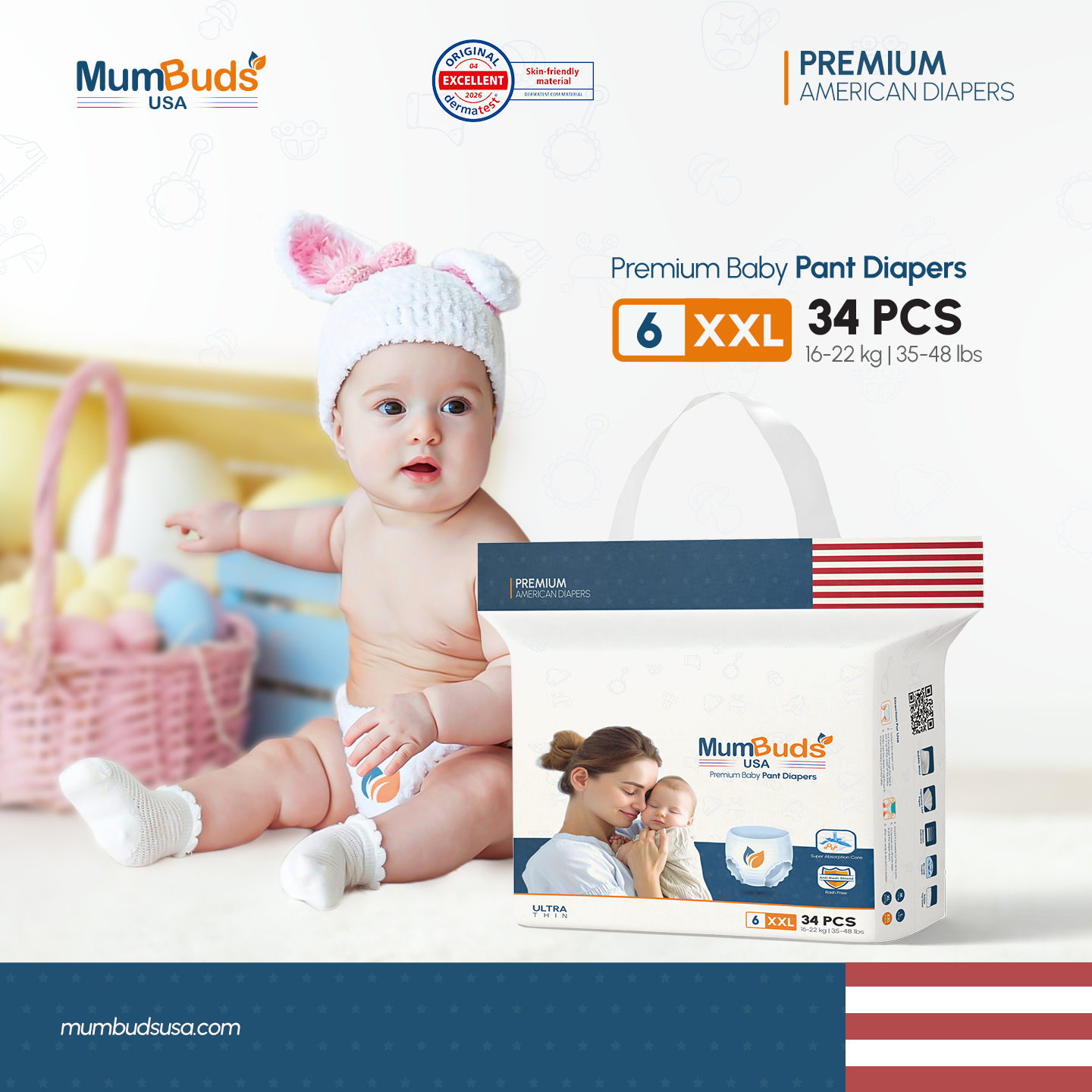 MumBuds USA ZIPLOCK PACK Ultrathin Baby Diapers Size-6 XXL (16-22 kg) – 34 pcs Pant Style