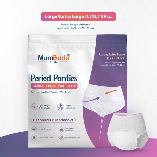 MumBuds USA Disposable Period Panty L/XL 660 mm (70–120 cm) 3 Pcs | Super Absorbent, Breathable, Lightweight, Leak Protection & Individually Packed
