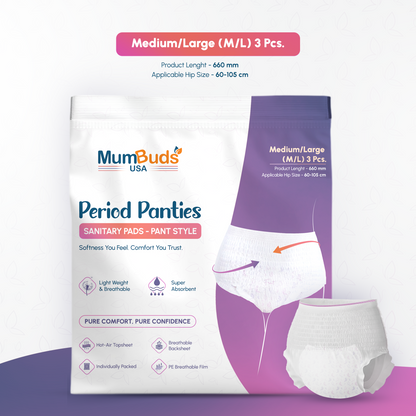 MumBuds USA Disposable Period Panty M/L 660 mm (60–105 cm) 3 Pcs | Super Absorbent, Breathable, Lightweight, Leak Protection & Individually Packed