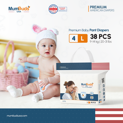MumBuds USA ZIPLOCK PACK Ultrathin Baby Diapers Size-4 Large (9-14kg) – 38 pcs Pant Style