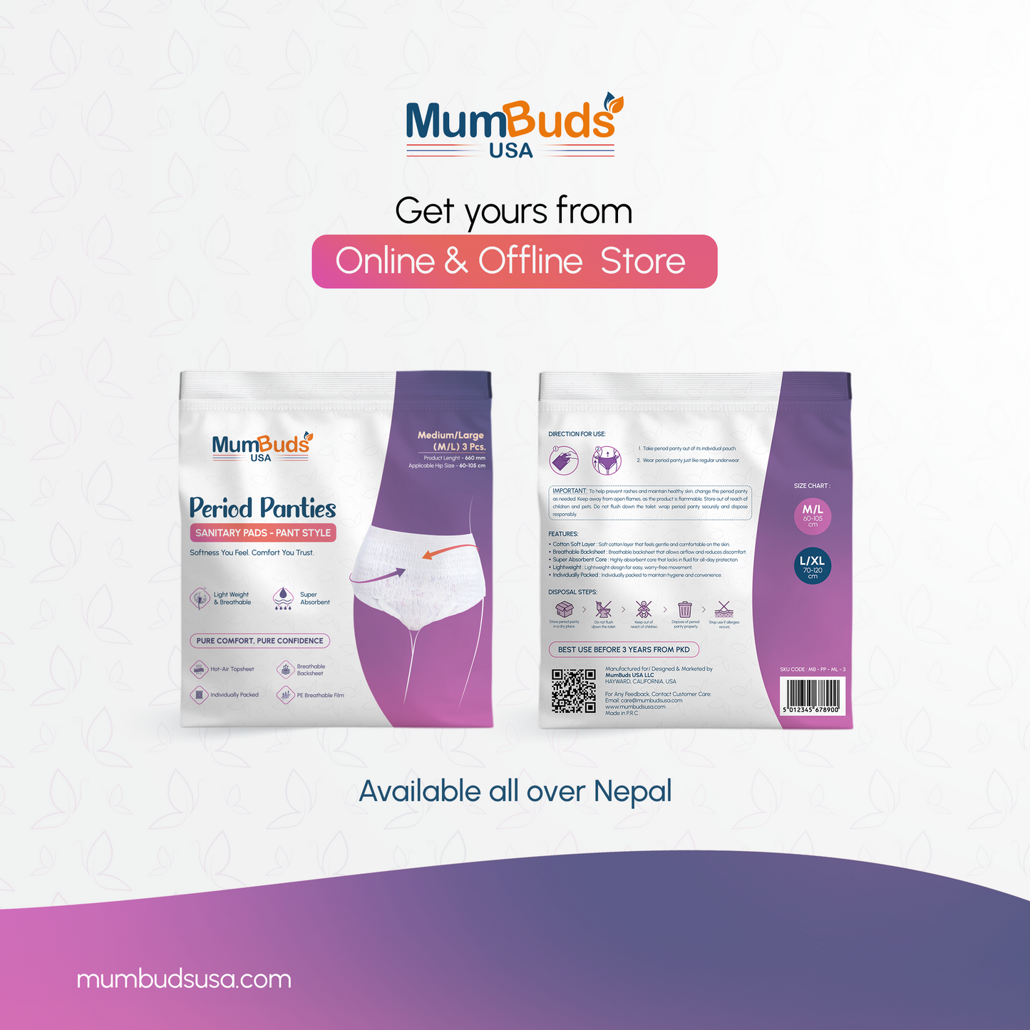 MumBuds USA Disposable Period Panty M/L 660 mm (60–105 cm) 3 Pcs | Super Absorbent, Breathable, Lightweight, Leak Protection & Individually Packed
